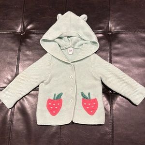 Baby gap hooded sweater, green with strawberry pockets size 12-18 months